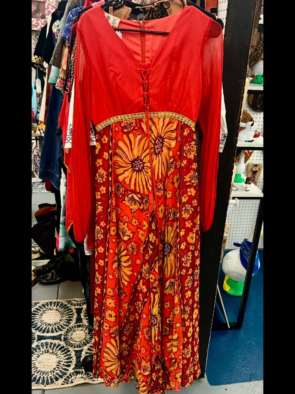 Vintage 70s Red and Gold Floral Gown 
Small